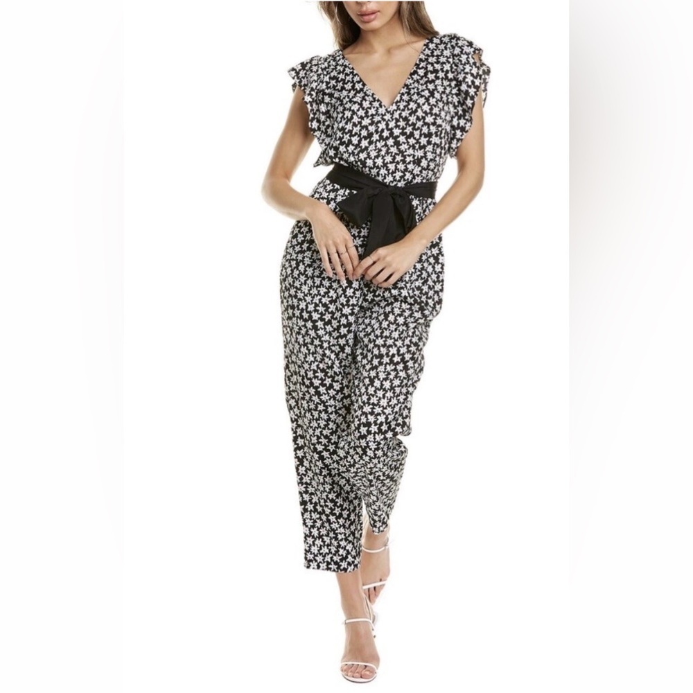 Rebecca Taylor Silk Jumpsuit 2 Black Star Fleur Floral Flutter Sleeve Belted